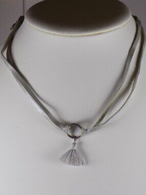 Chan Luu Leather Choker Necklace Pearl Gray Adjustable self-Tie Tassel 40" #2